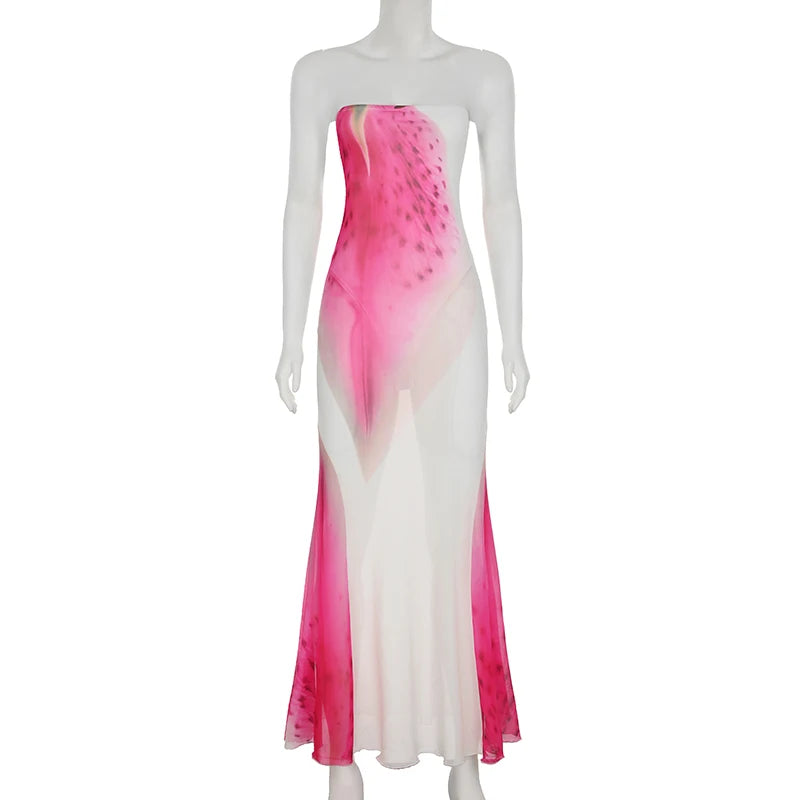BIIKPIIK Vacation Mesh Semi-perspective Long Dress Sexy Floral Printed Strapless Party Dress Elegant Women Slim Fit Maxi Dresses