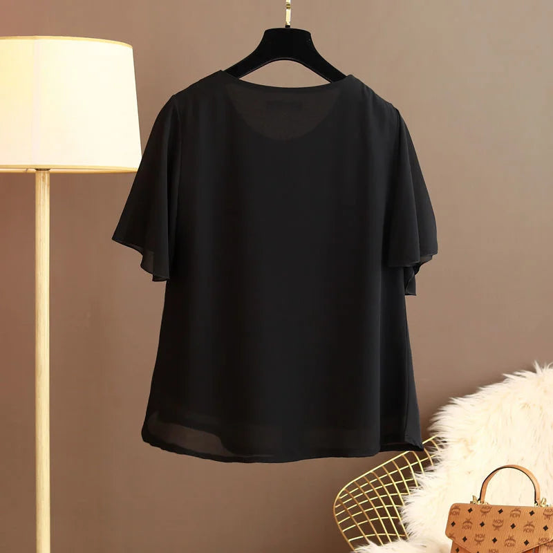 Women Blouse And Tops Summer Short Sleeve Chiffon T-shirt Middle Age Female Fashion Pullover Tshirts Shirts Large Size L-6XL