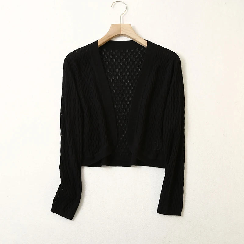 Women 55% Mulberry Silk 45% Cotton Shawl Wrap Hollow out Coat Top Cardigan Long Sleeve Blouse Shirt LY031
