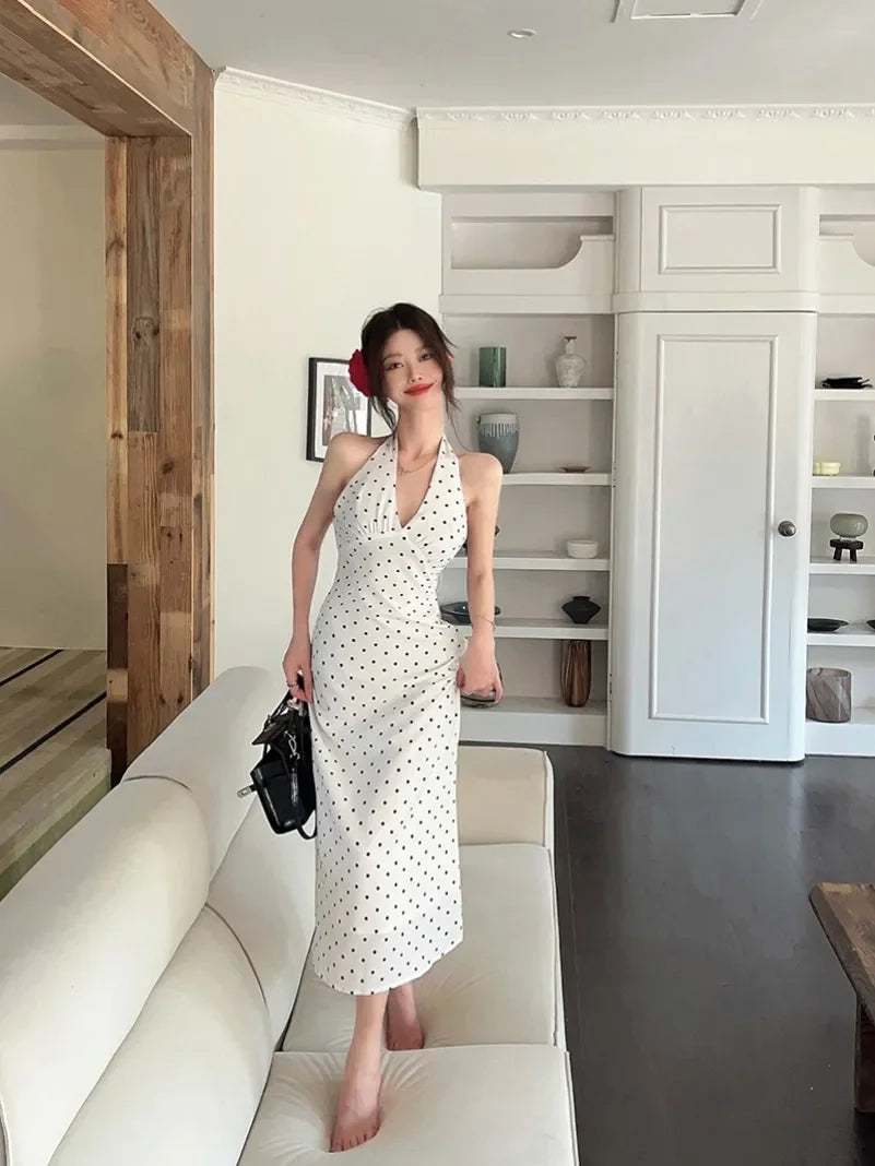 2024 Korean Style Open-back Halter Neck Dress Women's Summer Elegant Long Dress Waist-fitted A- line Skirt Sleeveless
