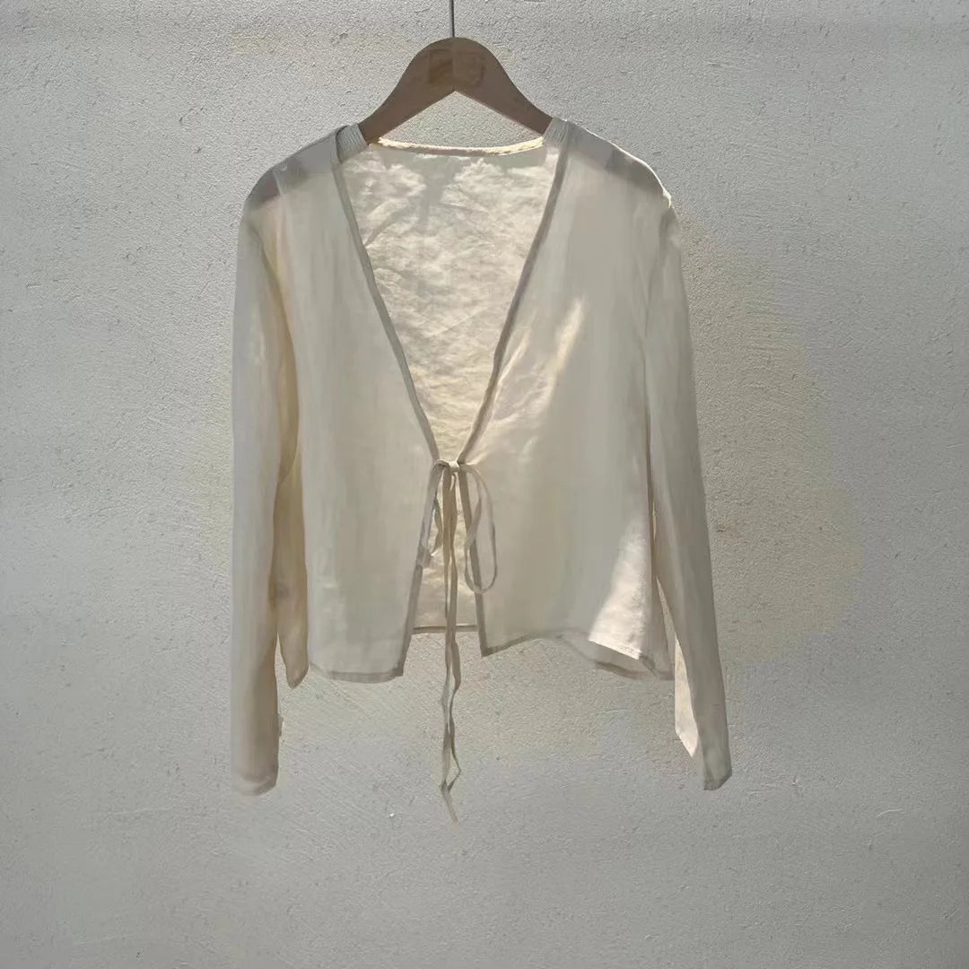 Johnature Original Vintage Chinese Style Linen Frenulum Shirt 2024 Summer Woman New V-Neck Long Sleeves Design Casual Shirt