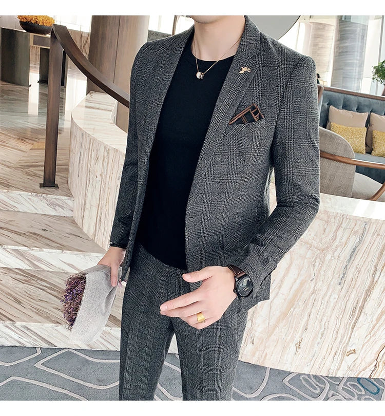 Men Luxury Slim Fit Check Suits Men Boutique Business Casual Formal Suits Sets Blazers+Pants Wedding Social Tuxedo Dress Homme