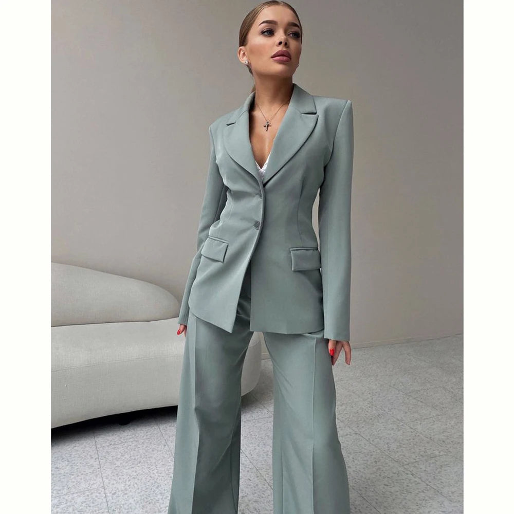 2024 Elegant Women Suit Two Piece Jacket Pants Single Breasted Female Clothing Slim Fit Formal Office Lady Wear Blazer Set