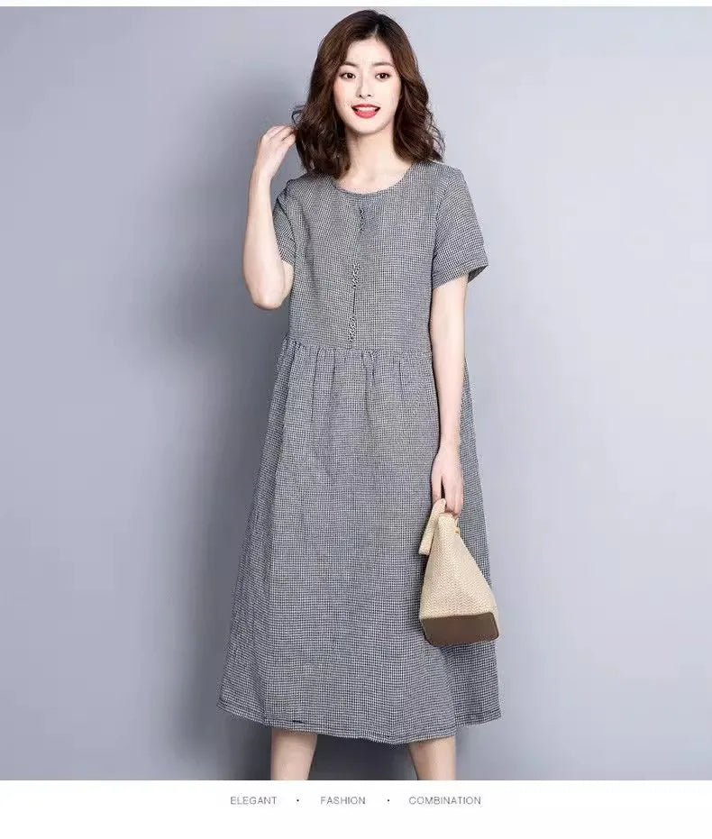 Vintage Plaid Cotton Dresses for Women 2025 New Summer Classical Ladies Midi Dress Elegant Literary Casual Loose Daily Dresses