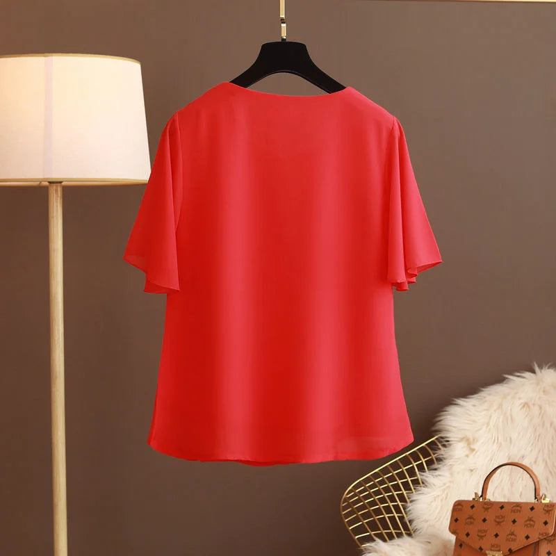 Women Blouse And Tops Summer Short Sleeve Chiffon T-shirt Middle Age Female Fashion Pullover Tshirts Shirts Large Size L-6XL