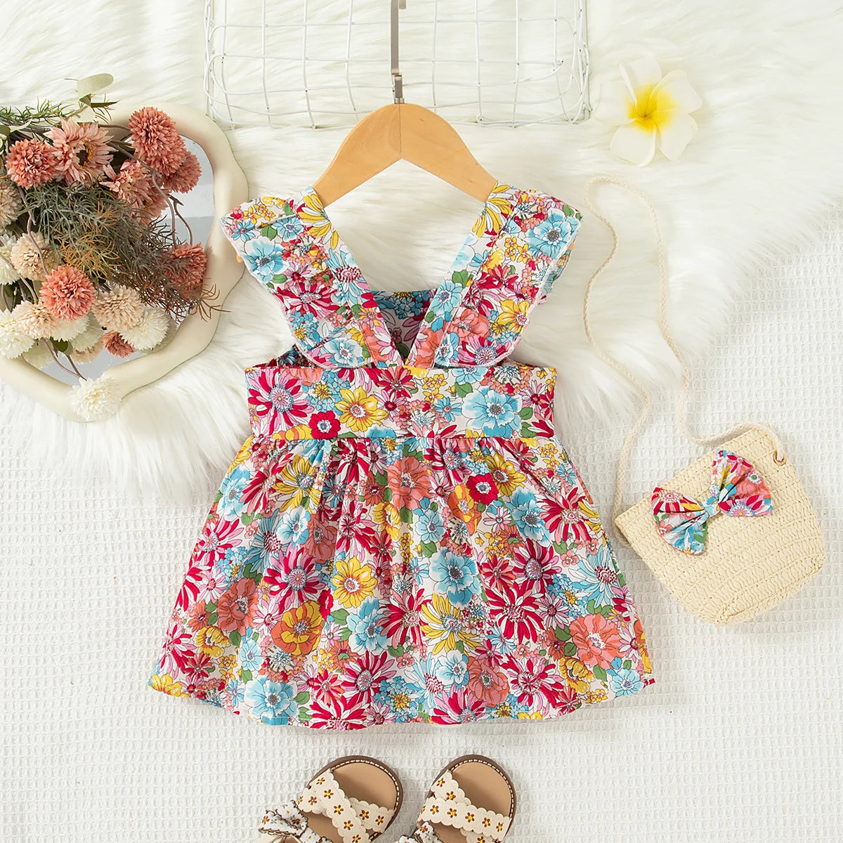 2 Pcs Summer New Baby Girl Dress Fashionable Floral Fly Sleeve Cotton Dress with Crossbody Bag Suitable for Babies Aged 0-3