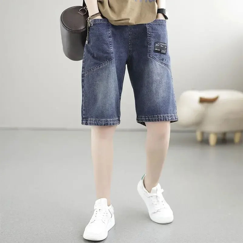 Vintage Jeans Shorts Women Summer Floral Embroidery Elastic High Waist Denim Shorts Design Wide Leg Trousers Blue Black Shorts