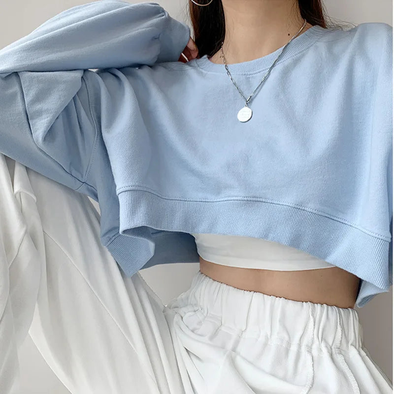 Long Sleeve Crop Top Korean Fashion Solid Loose Y2K T-shirt Woman Autumn Winter Harajuku Sexy Clothes Women Kpop Japanese Tees