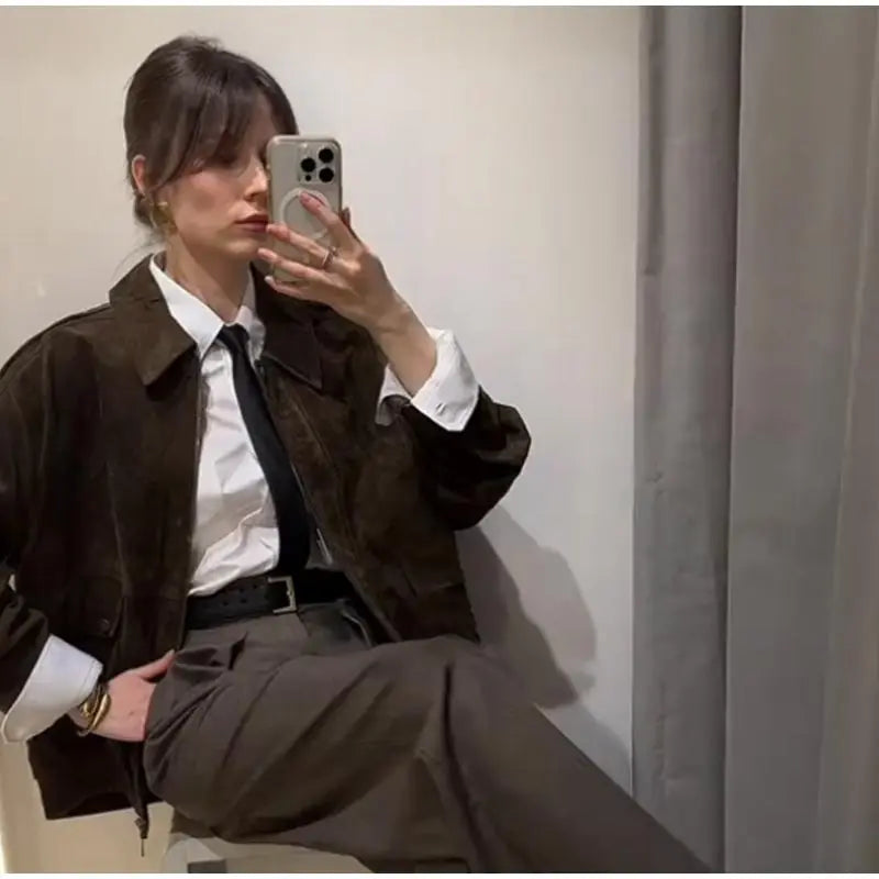 Vintage Suede Short Jacket Women Casual Turn Down Collar Zipper Coat Female 2025 Spring Fashion Versatile High Street Outwears
