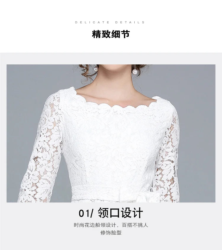 Lace White Prom Dress Women 2023 Summer Autumn Long Sleeve Sexy Slash Neck A Line Midi Party Vestidos Flower Embroidery
