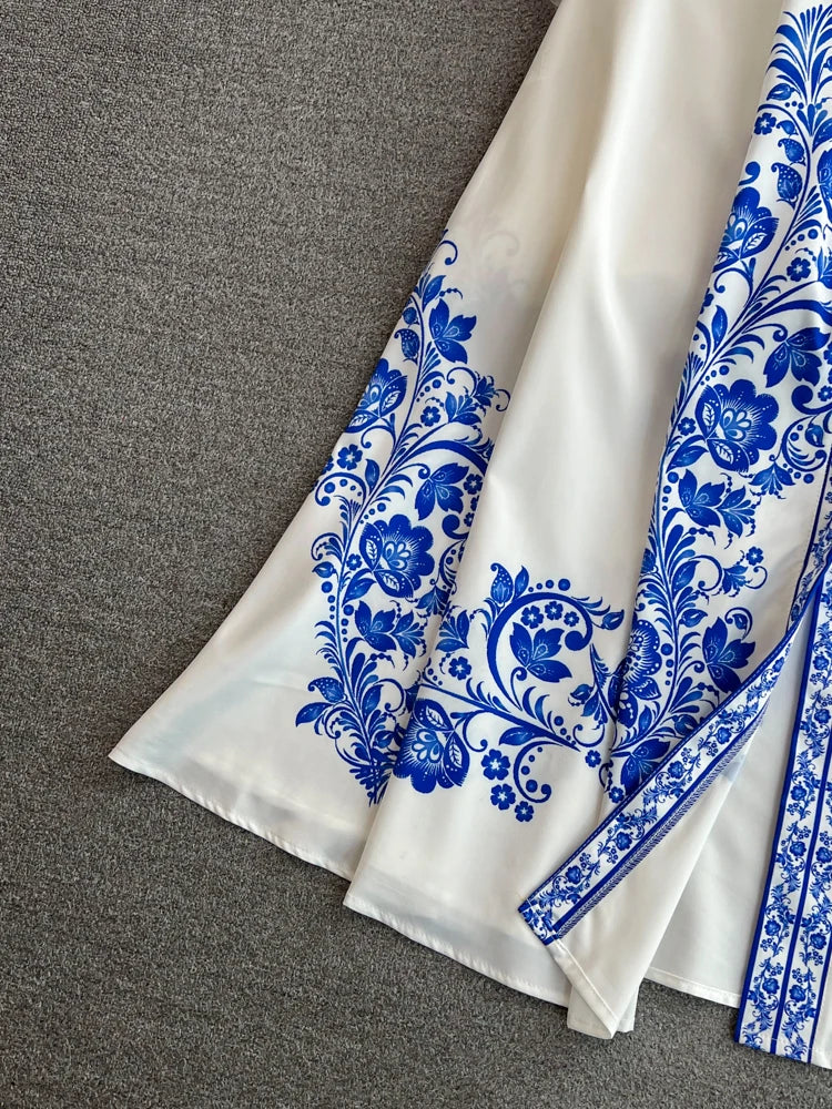 Spring Maxi Belt Dresses for Women Chic Vintage Printing Robe Femme Stand Neck Tunic Lantern Sleeve Dress 2024 Vestidos De Mujer