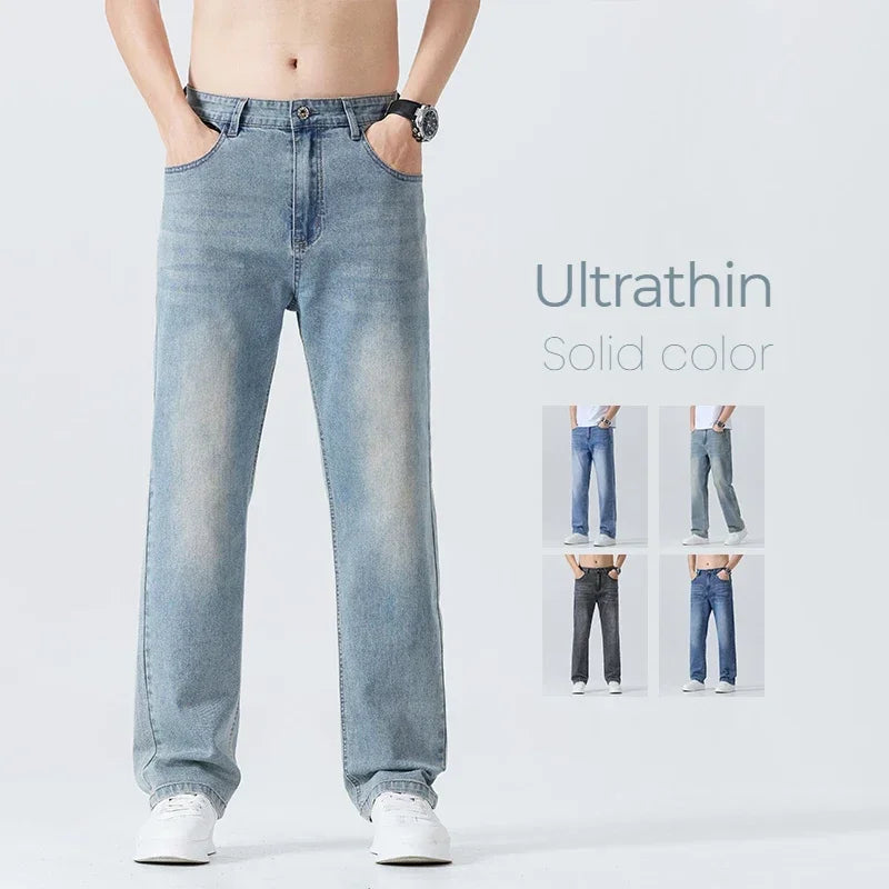 Summer Thin Straight Jeans Men's Clothing Soft Breathable Trousers Male Brand Comfortable Business Loose Denim Pants Retro Y2K
