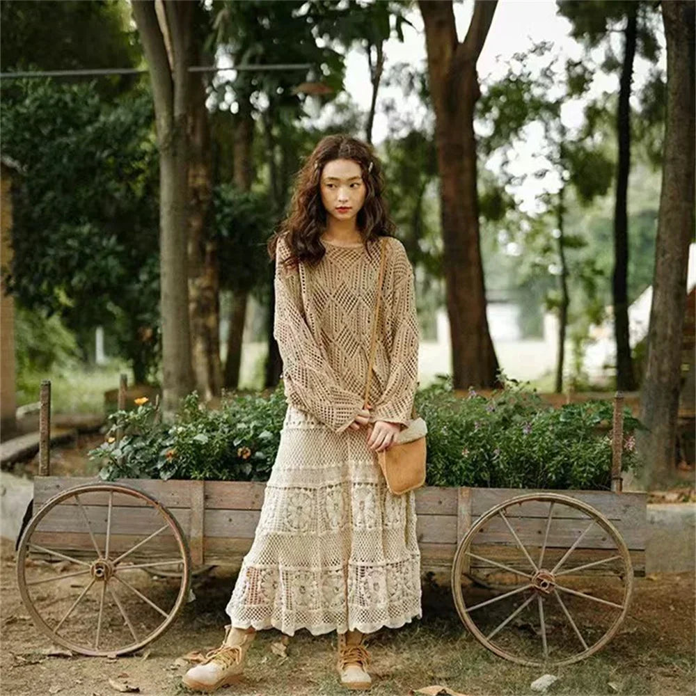 Mid Long Skirt Vintage Women Knitted Skirt 2025 Spring Summer High Waist Holllow Out Crocret Floral Pleated Skirts Lace Elegant