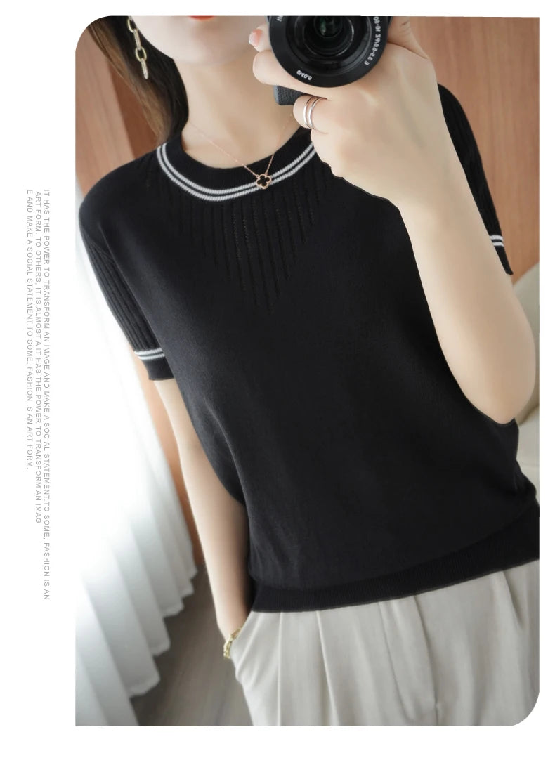 Women New Summer Short-sleeved Tees O-Neck Slim 100% Cotton Linen Hollow Pullover T-shirt Knitted Base Casual Sweater