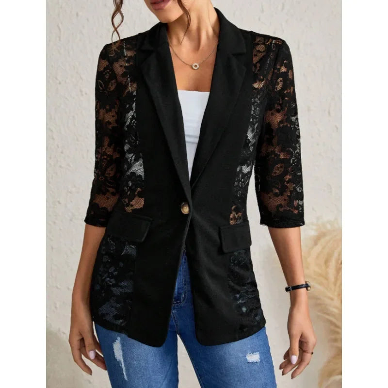 Women's Blazer Autumn 2024 New Lace Patch Single Breasted Flap Detail Y2k Coat Work Office Female Fashion Elegant Daily Jacket