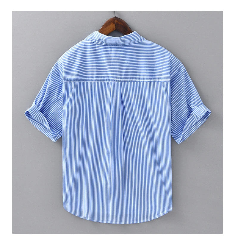 2025 Spring Summer New Casual Striped Cotton Short Sleeve Shirts for Men Clothing Soft Turn-down Collar Shirts DCC03