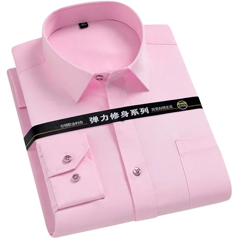 2023 Non-Iron Solid  Soft Easycare Stretch Shirts Men Spandex Long Sleeve Dress Shirt Men Office Shirts Men Clothing
