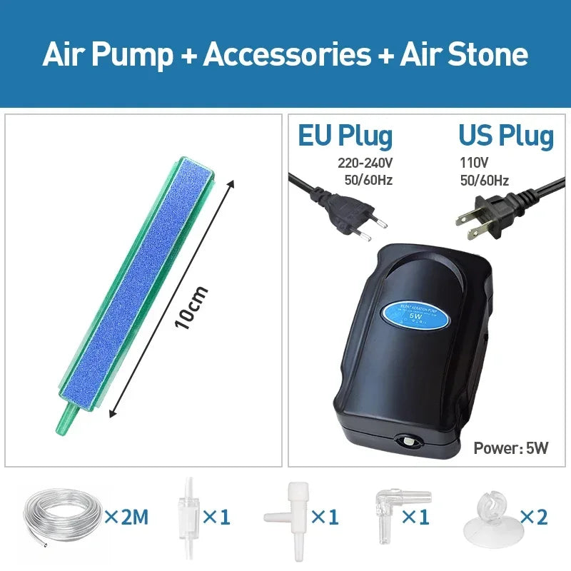 5W Aquarium Silent Air Pump 220V-240V 110V Fish Tank Quiet Oxygen Pump Accessories Bubble Pump Air Stone Aquarium Air Compressor