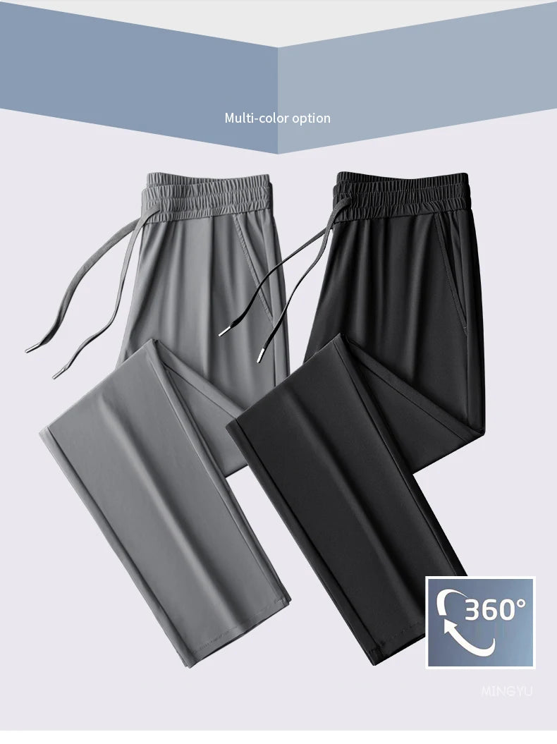 Summer High Stretch Smooth Ice Silk Casual Pants Man Thin Soft Elastic Waist Korean Grey Sweatpants Sports Jogging Trousers Male