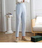 High-end Striped Men's Suit Pants Spring Summer Thin Italian Straight Casual Trousers Blue Paris Buckle Business Trousers