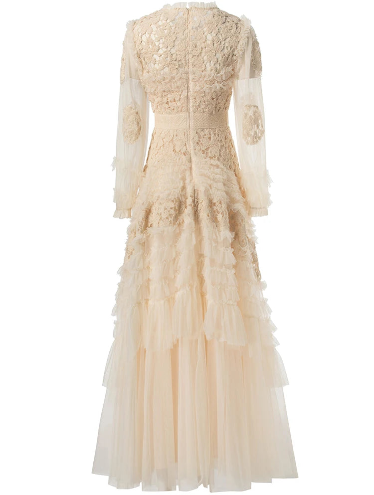 LD LINDA DELLA Fashion Designer Summer Dress Women's Vintage Solid Color Temperament Net Yarn Embroidery Cascading Ruffle Dress