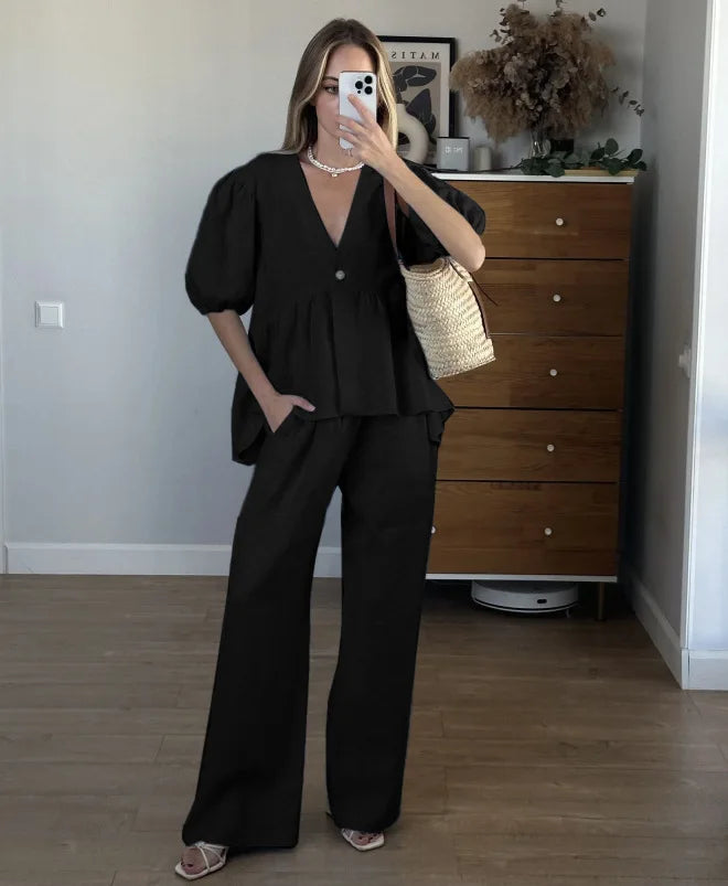 Summer Casual Cotton 2 Piece Set Women Outfit Deep V Neck Short Puff Sleeve Pullover Top Long Trousers Loose Lady Two Piece Suit
