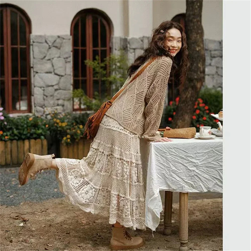 Mid Long Skirt Vintage Women Knitted Skirt 2025 Spring Summer High Waist Holllow Out Crocret Floral Pleated Skirts Lace Elegant