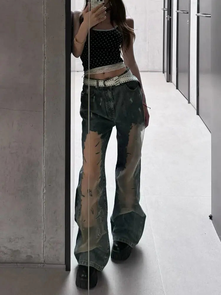 American Hot Girl Retro Washing Ripped Jeans for Women Summer Design Hollow 2000s Clothes Y2k Pants Baggy Harajuku Fashion Pant
