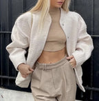 MiuKoMiYa Army Green Short Wool Blend Bomber Jackets For Women Winter Outdoor Women's Woolen Blend Coat Women Loose Wool Jacket