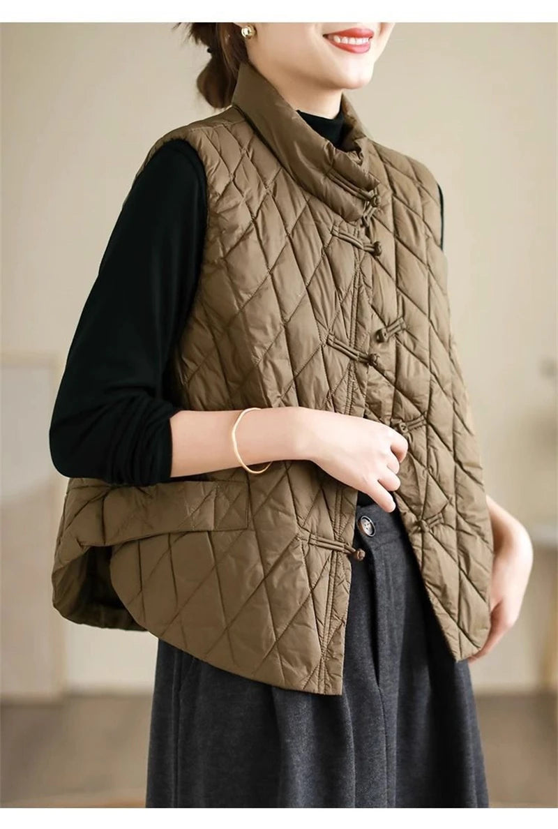 2024 New Autumn Winter Parkas Women Puffer Vest Loose Cropped Stand Collar Sleeveless Vest Jackets Down Cotton Padded Waistcoat