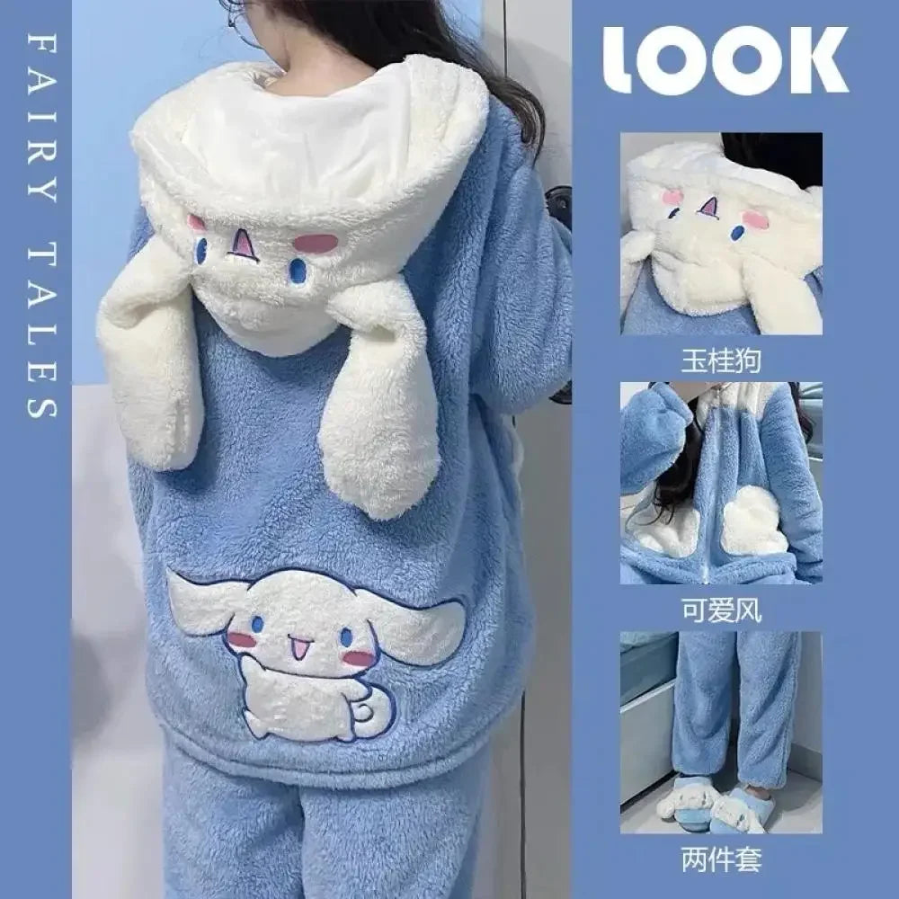 Cinnamoroll Women's Plush Pajamas Suit Sanrioed Kawaii Autumn Winter Hooded Home Clothes Cute Girl Thickened Cute Cartoon Sweet