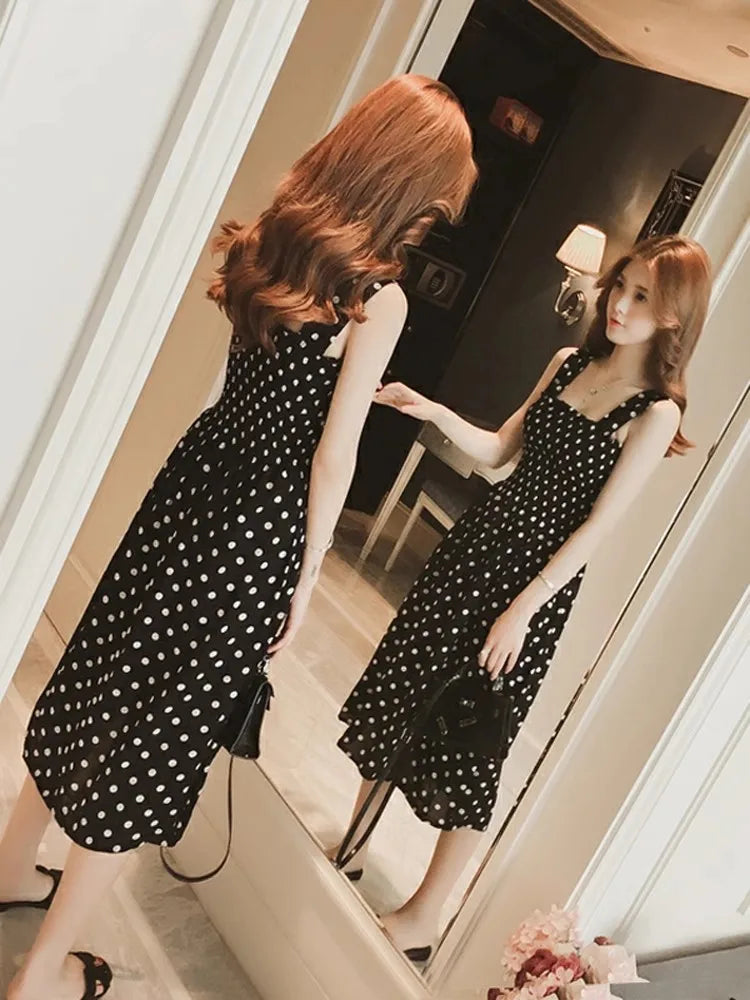 Women Summer Sleeveless Dot Dress Sexy Backless A-Line Spaghetti Strap Beach Style Dresses Camisole Off-Shoulder Folds Vestidos
