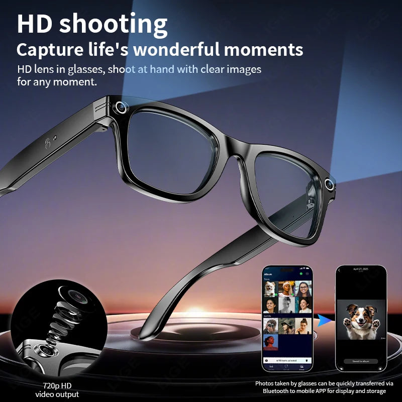 LIGE AI Smart Glasses 720P Camera Video Recorder Bluetooth Call 260mAh Battery Voice Assistant Control Sunglasses For Men Women