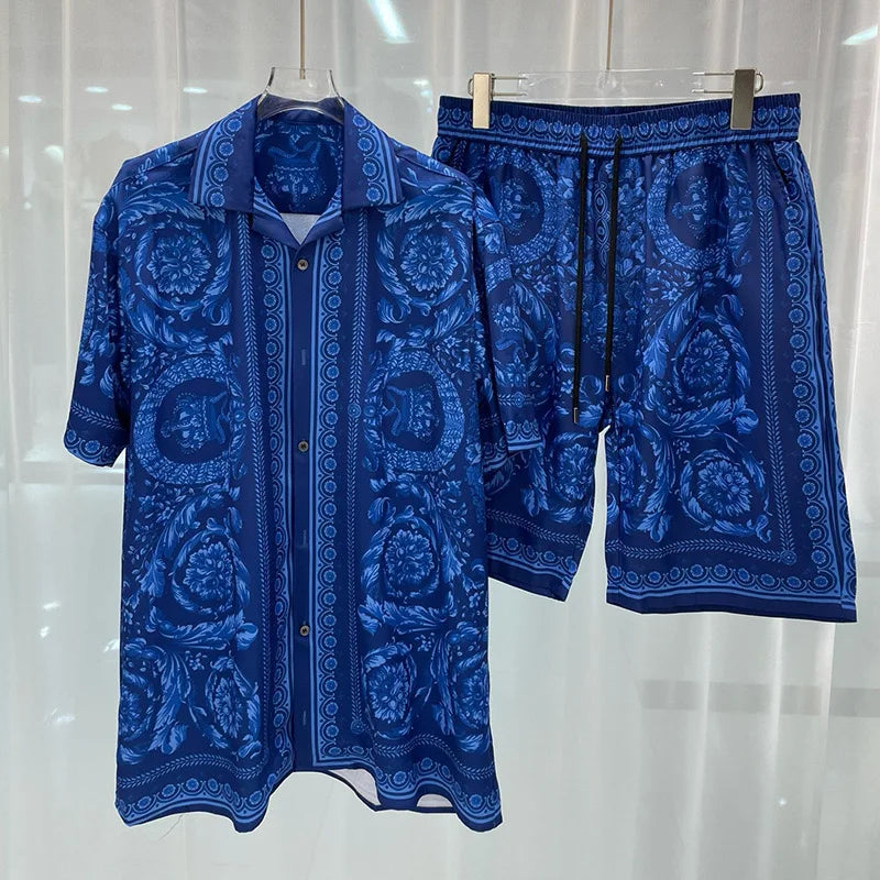 Royal luxury digital printed men's set fashion two-piece shorts set high-quality summer short sleeved shirt Allen Sen Trendy Clo