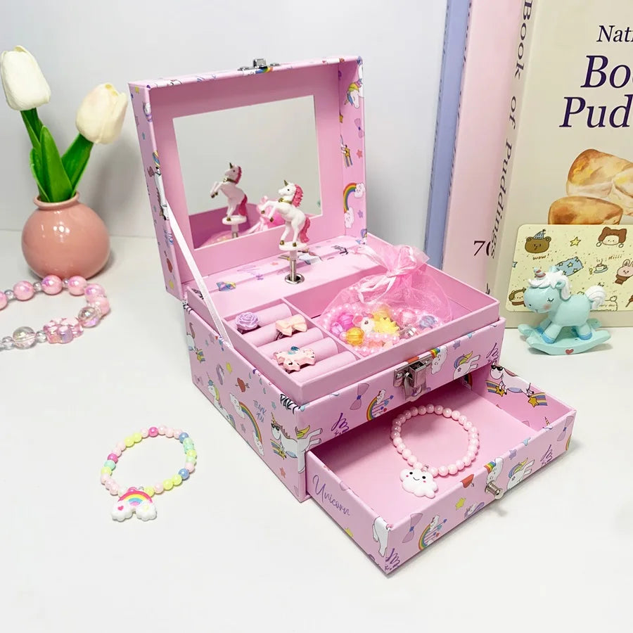 1pc Music Box with Drawer Mirror Rotating Pink Pony Jewelry Storage Box for Ring Necklaces Bracelets Birthday Gift