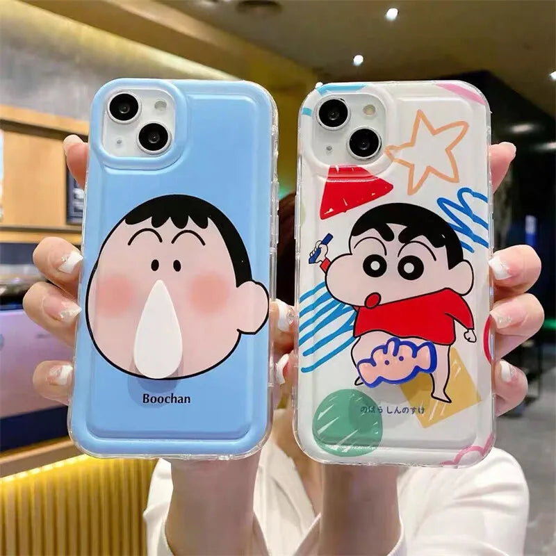 3D Rotating Crayons Shin-Chans Phone Case For IPhone 16 15 14 Pro Max Plus 11 13 12 Mini Pro Max Cover Airbag Clear Soft Casing