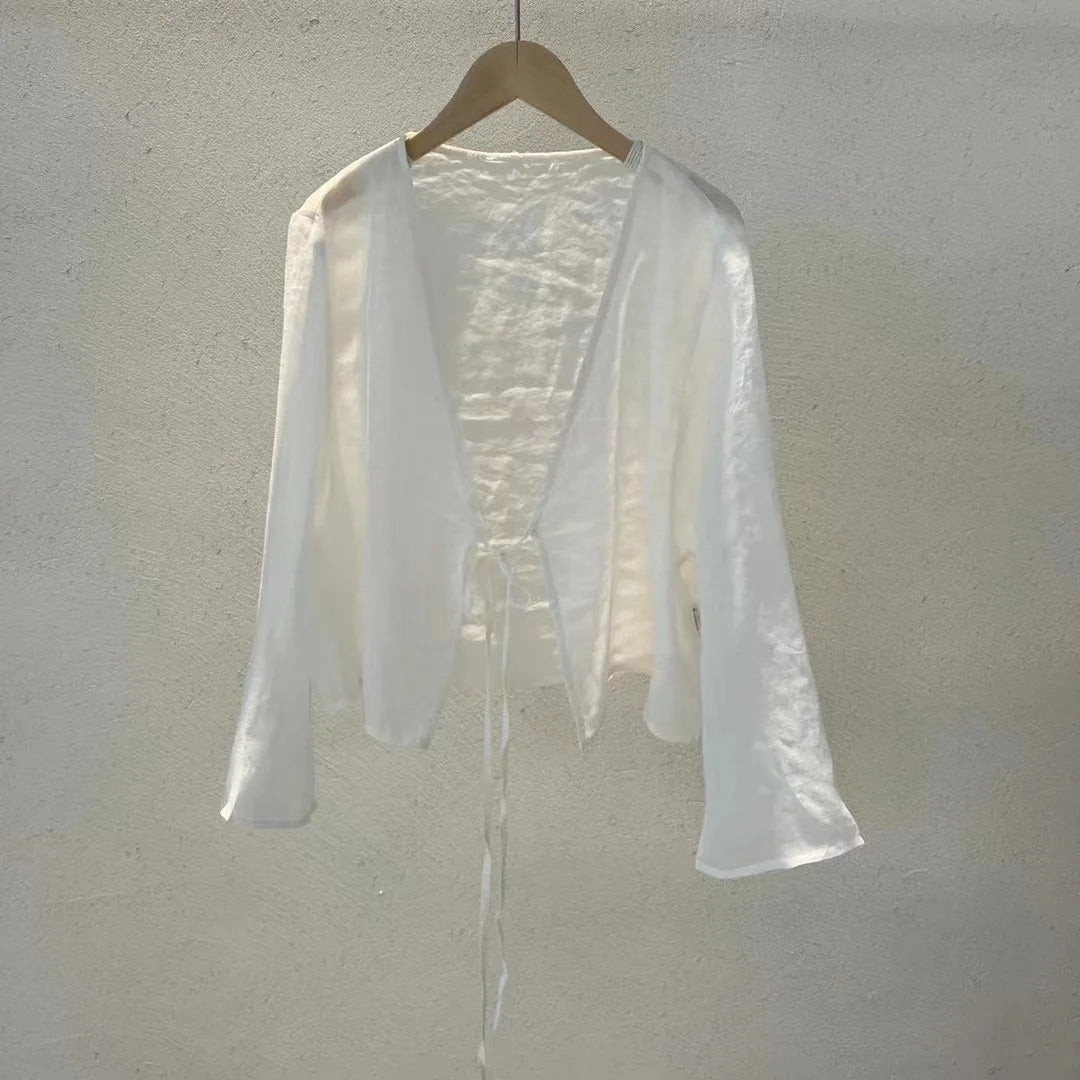 Johnature Original Vintage Chinese Style Linen Frenulum Shirt 2024 Summer Woman New V-Neck Long Sleeves Design Casual Shirt