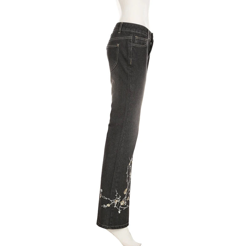 Floral Embroidery Jeans Women Y2K Streetwear Baggy Denim Pants Vintage 2000S Low Rise Flared Jeans Female High Street Trousers