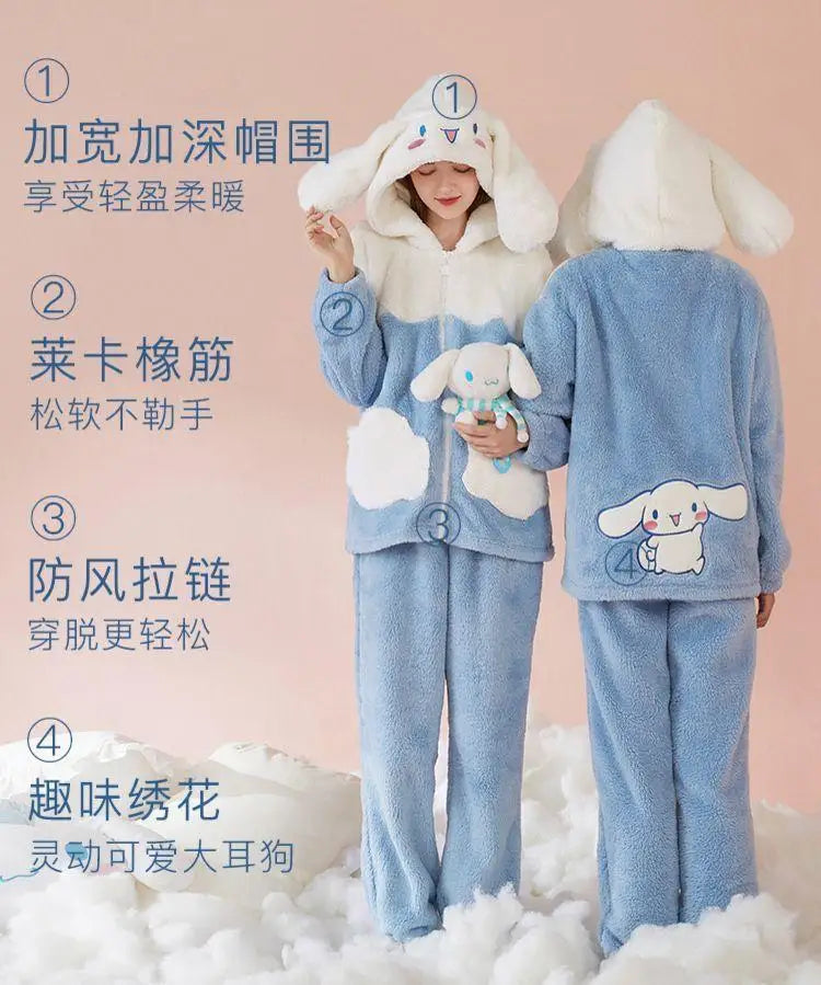 Cinnamoroll Women's Plush Pajamas Suit Sanrioed Kawaii Autumn Winter Hooded Home Clothes Cute Girl Thickened Cute Cartoon Sweet