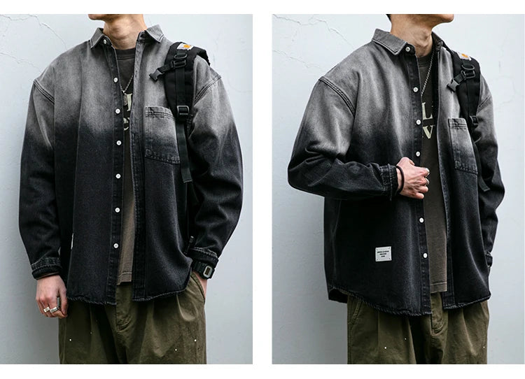Korean fashion washed gradient denim shirt for men clothing High quality streetwear harajuku casual coat tremdy Long sleeve male