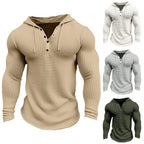 Spring Solid Color Slim Fit Long Sleeved T-shirt, Men's Hooded Breathable Sports Top, Waffle Cotton Casual Long Sleeved Shirt
