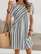 Casual Striped Print Dress For Women Fashion O-Neck Short Sleeve Loose Dresses Lady Office Womens Clothing Summer New Plus Size