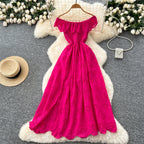 SINGREINY Chic Embroidery Hollow Out Dress Ruffles Splice Off Shoulder Elastic Ruched Slim 2025 Solid Gentle Vacation Long Dress