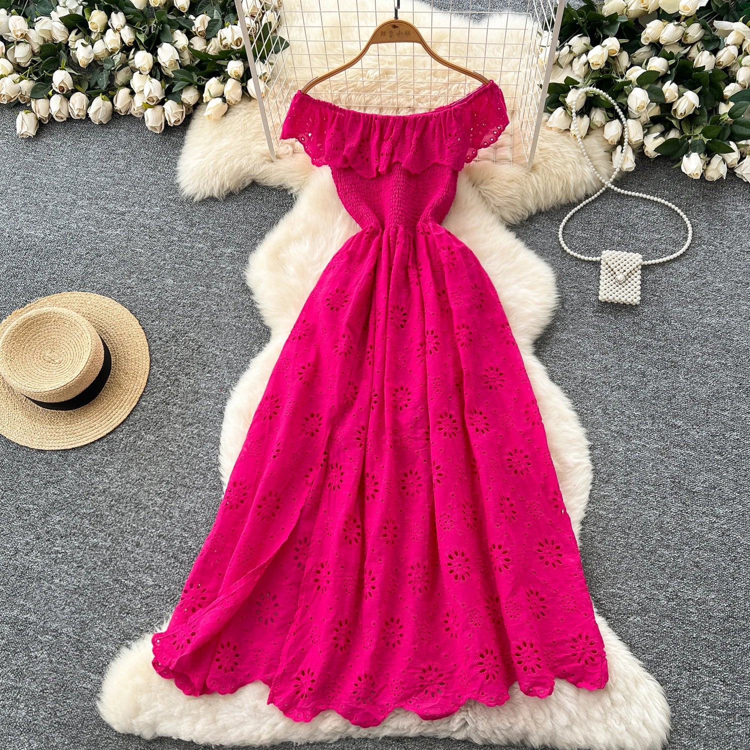 SINGREINY Chic Embroidery Hollow Out Dress Ruffles Splice Off Shoulder Elastic Ruched Slim 2025 Solid Gentle Vacation Long Dress