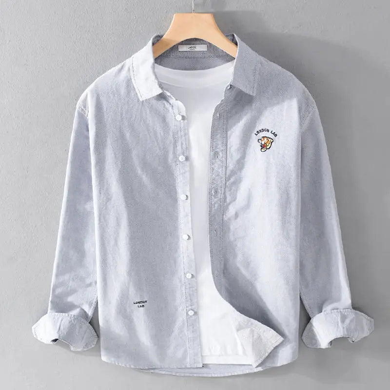 High-end Shirt Men's Autumn Casual Top Little Tiger Embroidery White Inch Shirt Versatile Simple Shirt Trend