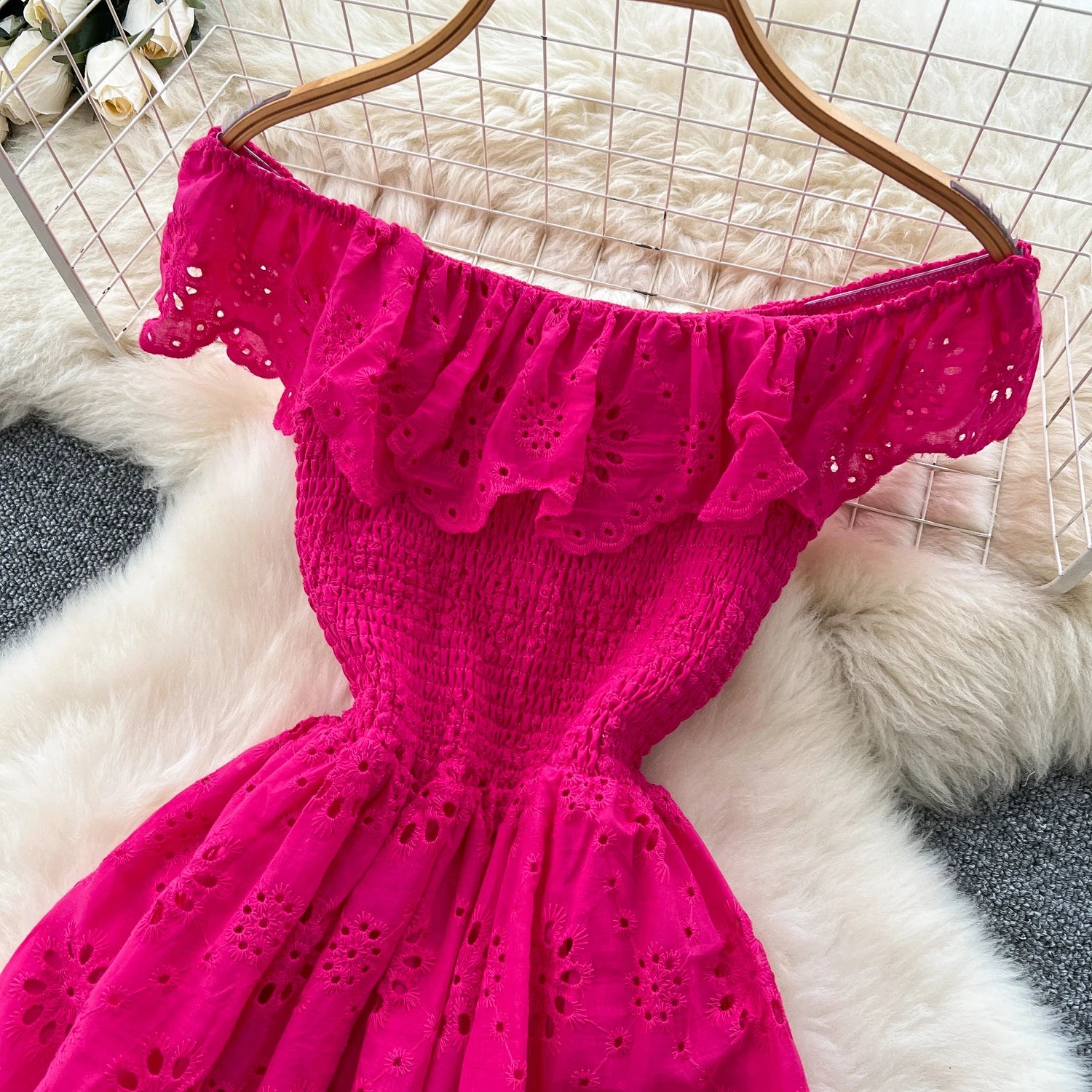 SINGREINY Chic Embroidery Hollow Out Dress Ruffles Splice Off Shoulder Elastic Ruched Slim 2025 Solid Gentle Vacation Long Dress