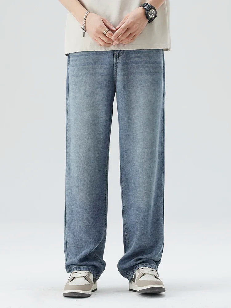 Spring Summer Thin Men's Loose Jeans Lyocell Draped Soft Fashion Loose Pants Streetswear Vintage Straight Y2K Denim Trousers