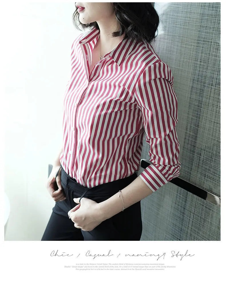 Women's Clothing Commute Striped Shirt 2025 New Spring Autumn Long Sleeve Fashion Single-breasted Casual Turn-down Collar Blouse