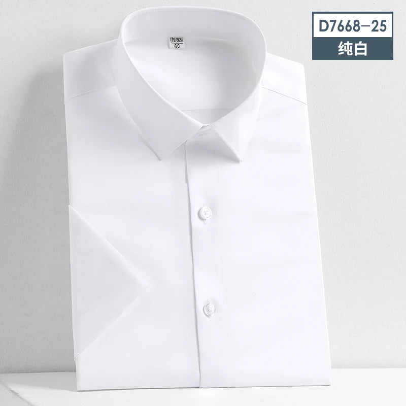 2023 Summer Short Sleeve High Density Silky Material Solid  Elastic Business Men Dress Shirts No Pocket Stretch Clothes