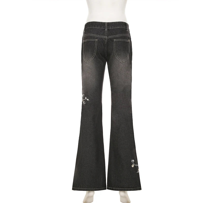 Floral Embroidery Jeans Women Y2K Streetwear Baggy Denim Pants Vintage 2000S Low Rise Flared Jeans Female High Street Trousers